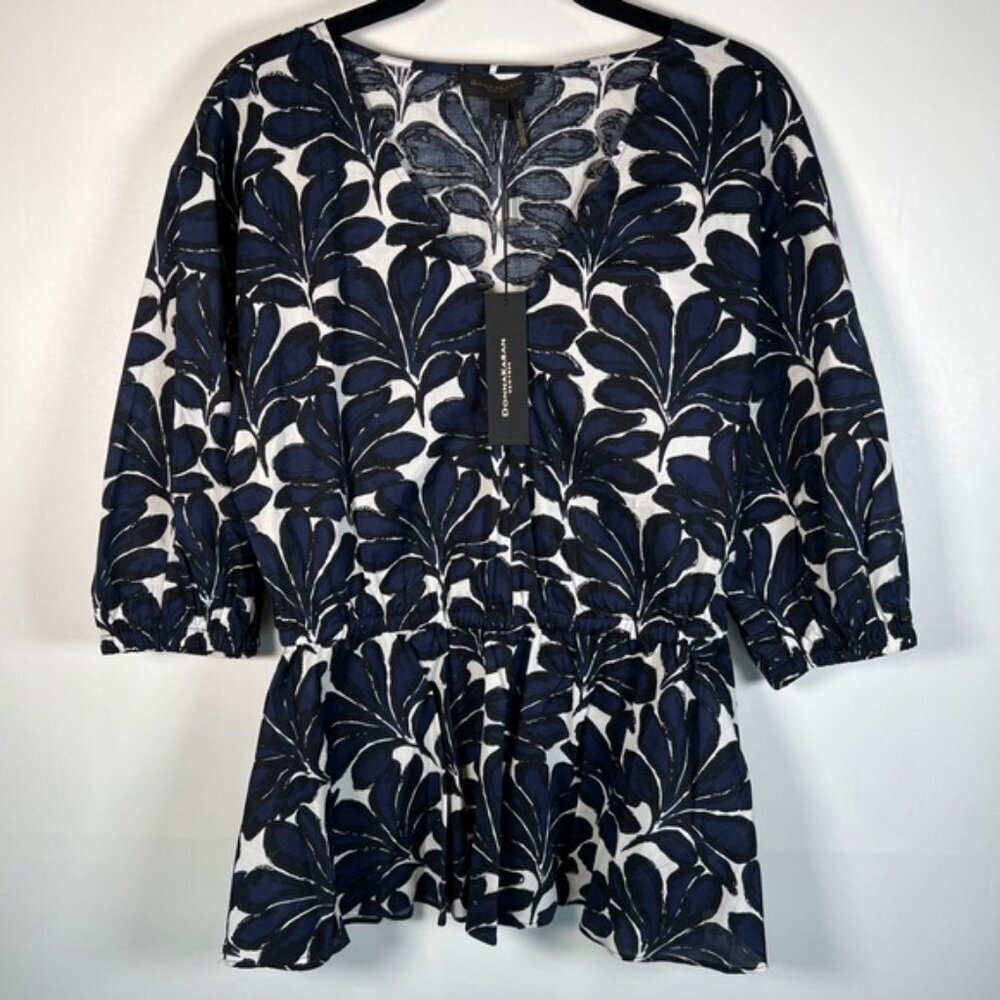 NWT DONNA KARAN SEASIDE Floral Print V neck Peplum Hem Elastic Cuffs Blouse Sz M